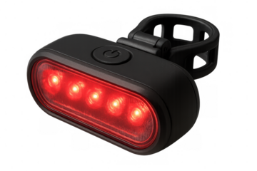 Small led bicycle tail light emitting a bright red light, ensuring safety during night rides, isolated on transparent background