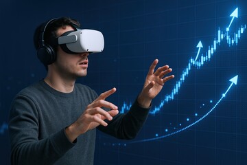 Young man using virtual reality headset with financial growth charts and graphs.