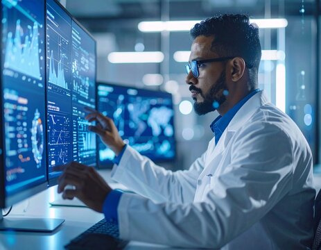 Data Scientist Working with Holographic Data Visualization and AI Neural Networks – Futuristic Technology Concept - Powered by Adobe