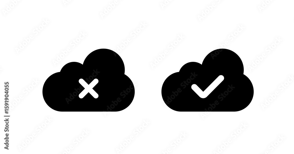 Poster cloud computing success and failure icons: minimalist black and white vector graphics
