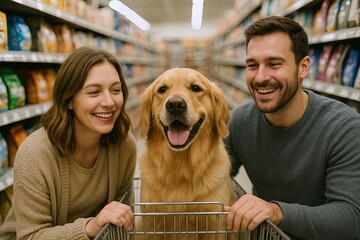 Happy young couple with Labrador retriever dog shopping in grocery store aisle.