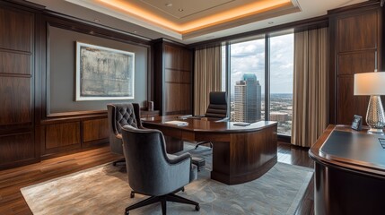 Luxurious executive office with panoramic city views.