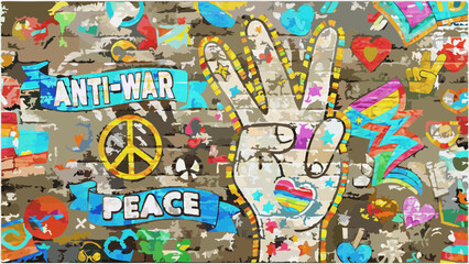 Colorful anti war graffiti featuring a peace sign and hand on a brick wall background design art