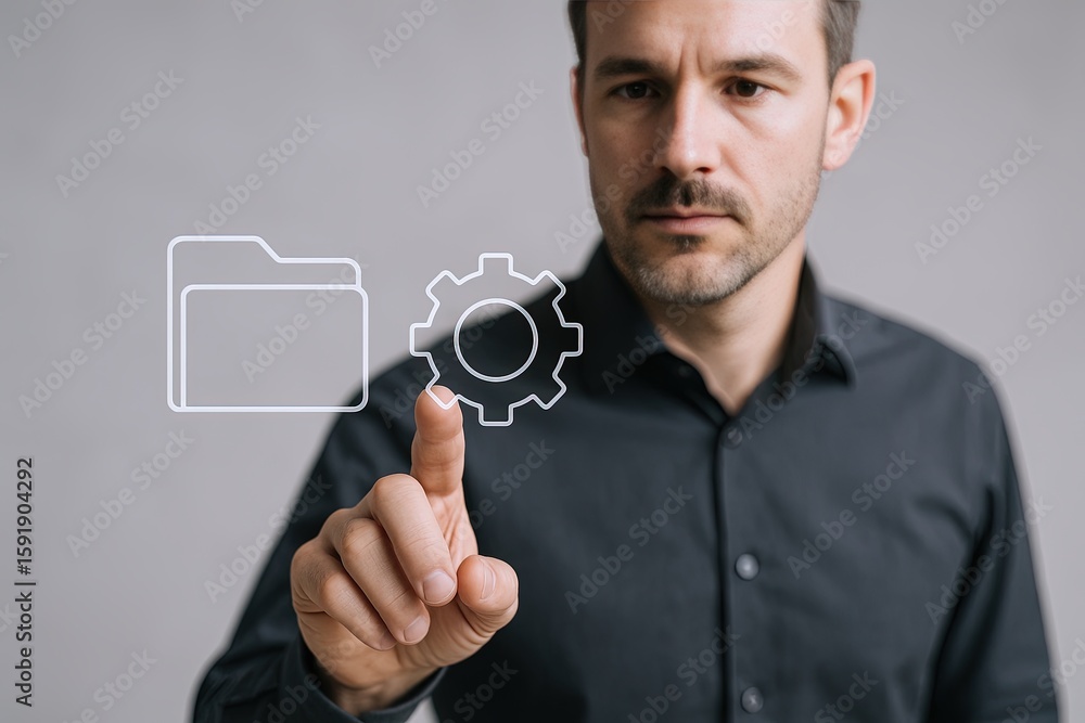 Poster professional man in business attire using touch screen technology for digital workspace.