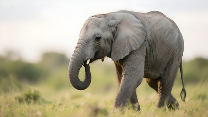 A baby elephant wandering through its surroundings, with curious steps and playful movements