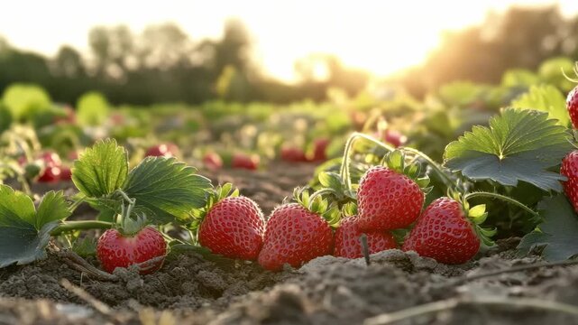 Rows of ripe red strawberries are growing in the dirt with green leaves captured in an outdoor field during sunset