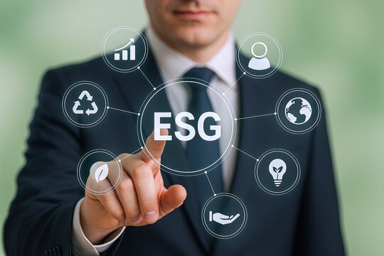 Businessman point finger touching ESG framework icons renewable energy sustainability.