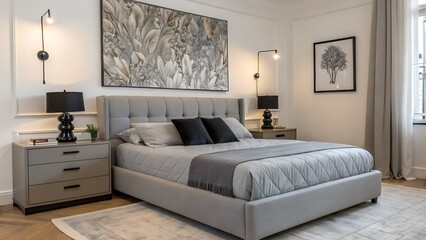 Contemporary Bedroom with Abstract Art and Floating Nightstands