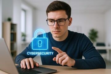 Young man with glasses using touch screen laptop for cybersecurity protection indoors.