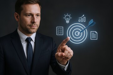 Businessman interacting with futuristic digital interface displaying targets growth and ideas.