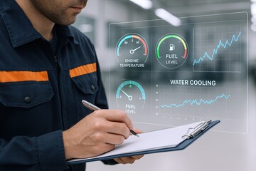 Modern engineer monitoring vehicle engine performance water cooling fuel level digital display.