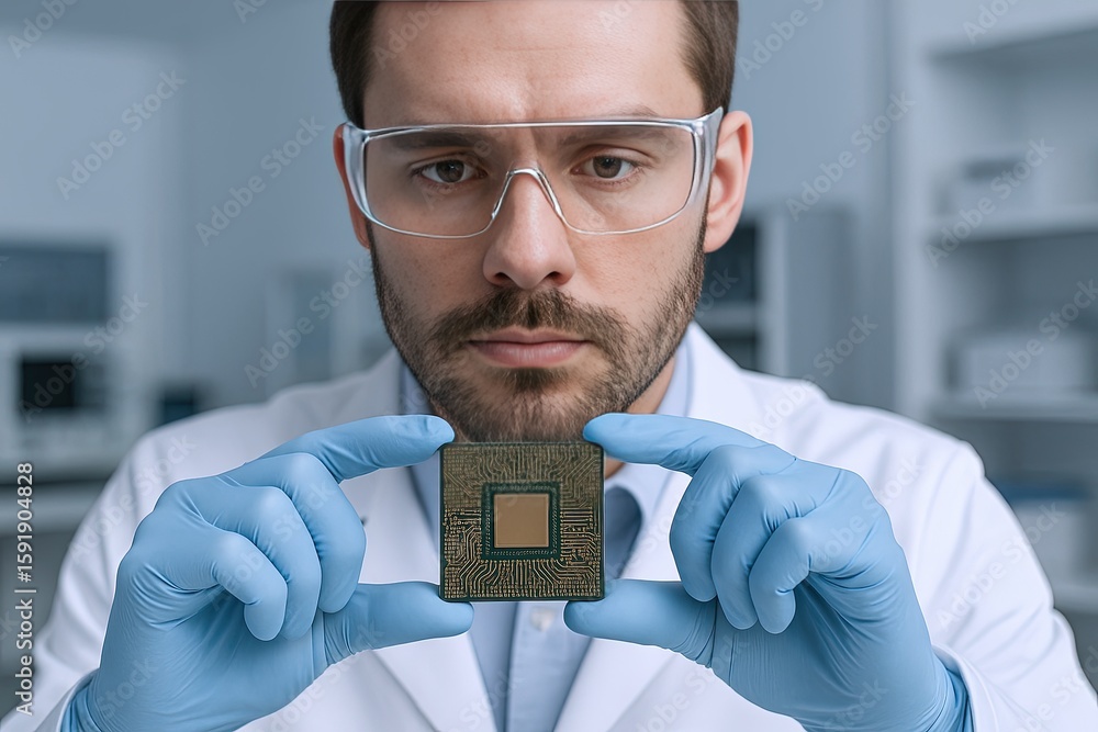 Poster scientist holding a computer chip with precision in a modern laboratory setting.