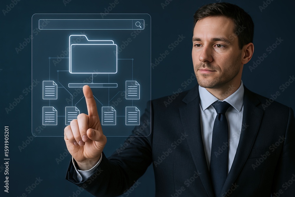 Poster businessman interacting with virtual digital storage folder and file icons on futuristic transparent