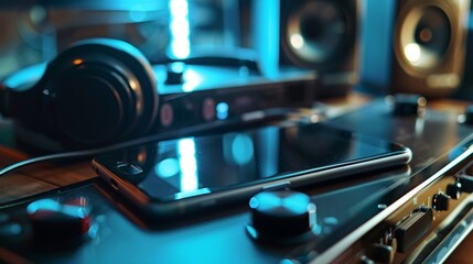 Portable acoustics and smartphone close-up. Stereo Acoustics.