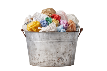 Galvanized bucket filled with crumpled colorful paper balls for recycling and waste management concept