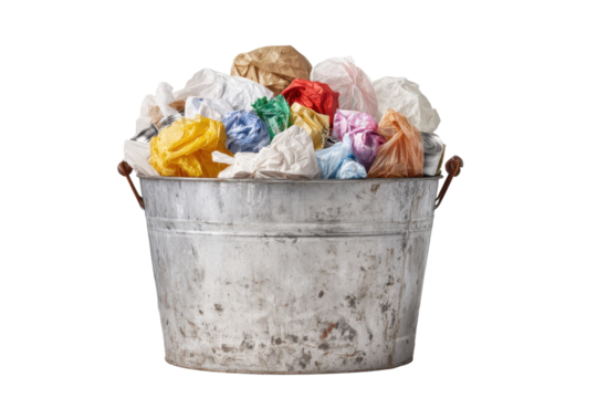 Galvanized bucket filled with crumpled colorful paper balls for recycling and waste management concept