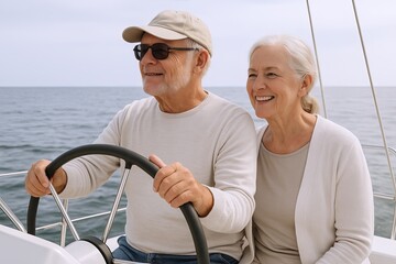 Senior couple enjoying a boat ride at sea on a sunny day with bright smiles.