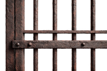 Close up showcasing a rustic metal gate with bars and rivets creating an aged industrial texture