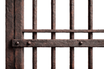 Close up showcasing a rustic metal gate with bars and rivets creating an aged industrial texture