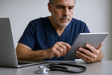 Middle-aged man using tablet with stethoscope on table in medical or healthcare setting.