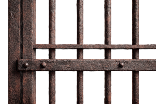 Close up showcasing a rustic metal gate with bars and rivets creating an aged industrial texture - Powered by Adobe