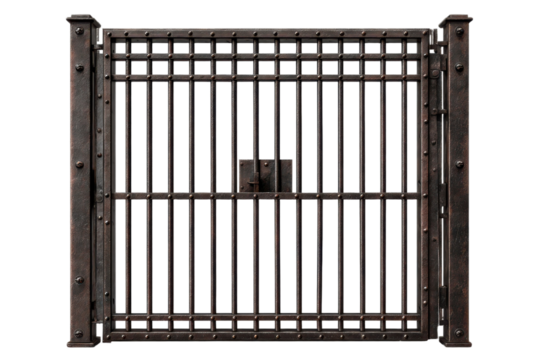 Detailed view of a dark metal gate with bars and rivets offering security and strong architectural design