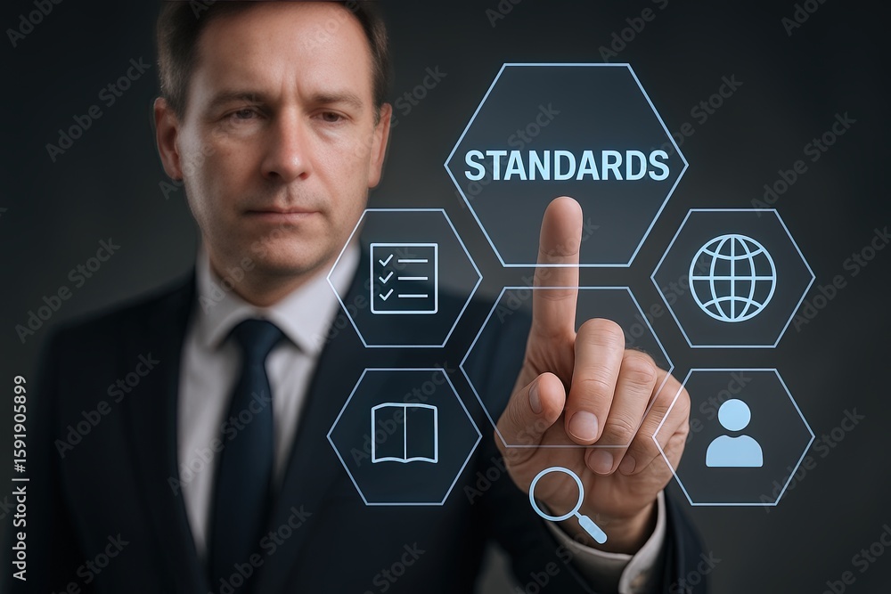 Poster businessman in formal suit interacting with digital interface displaying standards icons and options