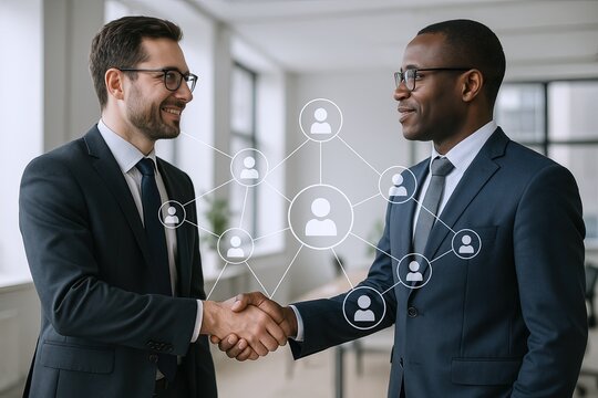 Two businessmen in formal suits shaking hands with digital network icons overlay in modern office.