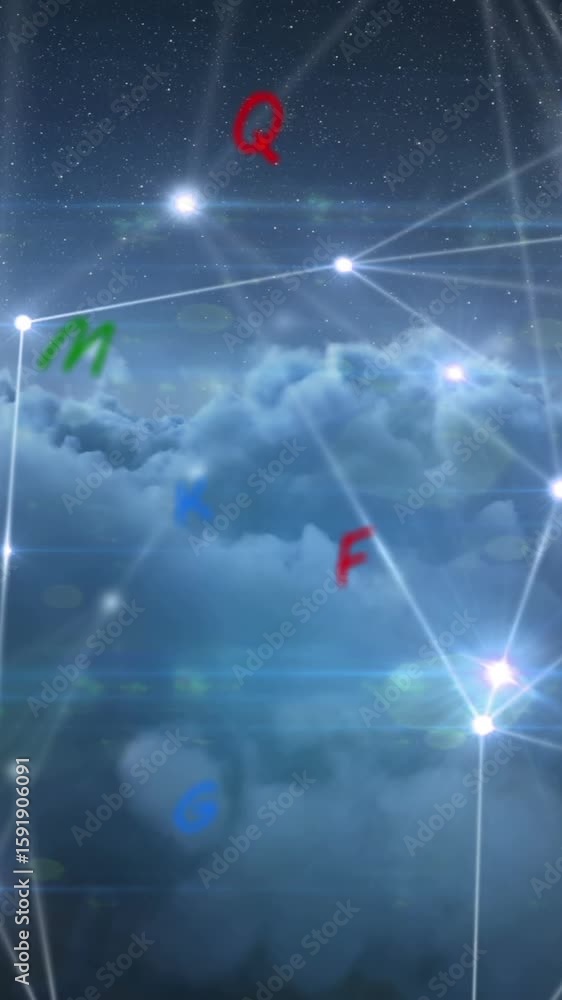Poster animation of network of connections and letters on sky with clouds