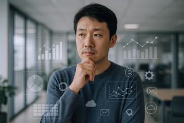 Thoughtful Asian man analyzing data charts and graphs on transparent digital screen in modern office.
