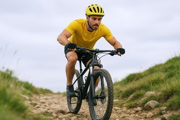 Fototapeta premium Man cycling on a rugged dirt trail on a cloudy day wearing a yellow helmet and shirt.