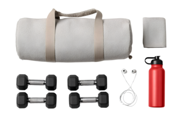 Gym accessories set with dumbbells, towel, water bottle, and bag isolated on transparent background
