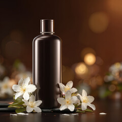 Luxurious shampoo bottle surrounded by delicate white flowers, creating serene spa ambiance. warm background enhances elegant presentation, evoking relaxation and beauty