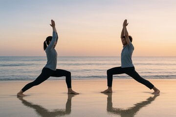 Two women practicing yoga in warrior pose on beach during sunset with calm ocean background.
