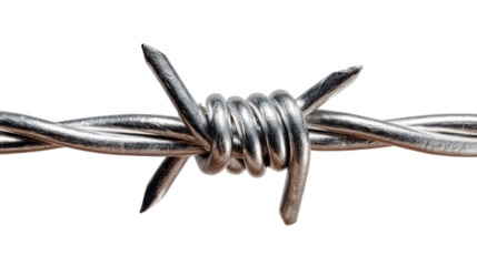 Detailed macro shot showcases a sharp metal barbed wire strand against a transparent background design element