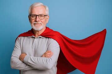 Confident elderly man with glasses and white hair wearing a red cape standing against a blue background.