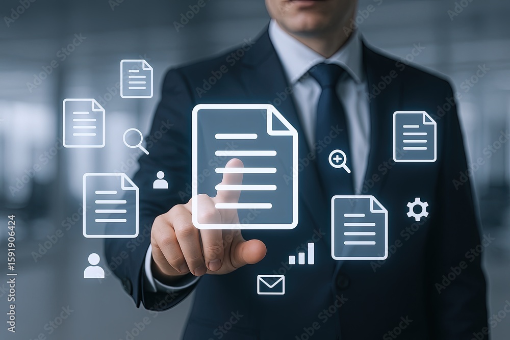 Poster businessman pressing a transparent digital document icon with floating report icons in modern office