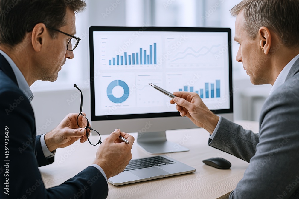 Poster businessmen discuss financial data and graphs using computer screens in modern office.
