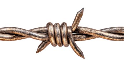 Close up of barbed wire showing twisted metal strands and sharp points against a transparent background