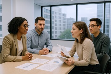 Diverse group of professionals having business meeting and discussion in modern conference room.
