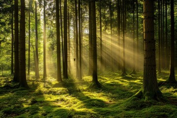 Naklejka premium Forest with golden light streaming through trees