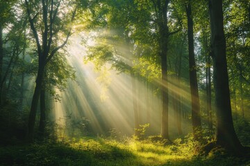 Naklejka premium Sunbeams filtering through trees in quiet forest