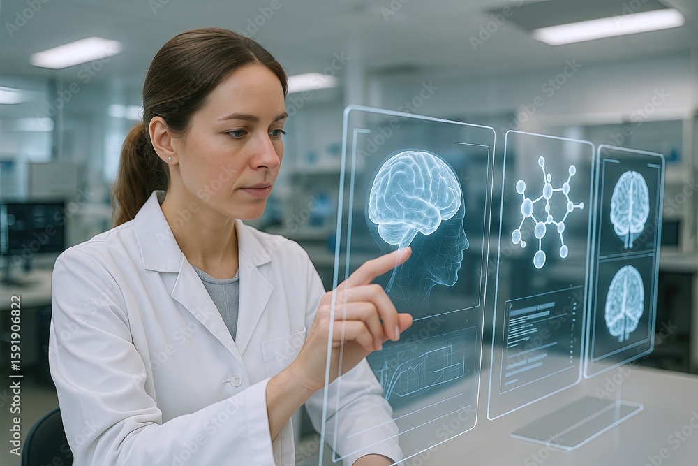 Poster female scientist in laboratory using futuristic digital brain and science hologram.