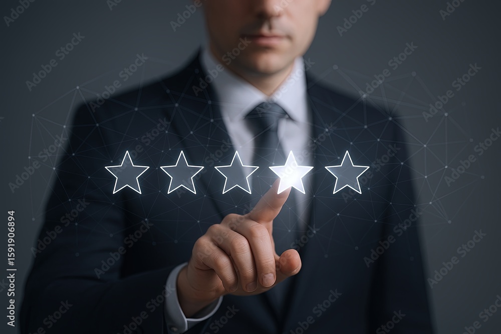 Aufkleber businessman rating service satisfaction with five star review using digital interface.