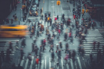 Aerial view showcases a bustling city street with pedestrians and vehicles crossing the intersection at daytime