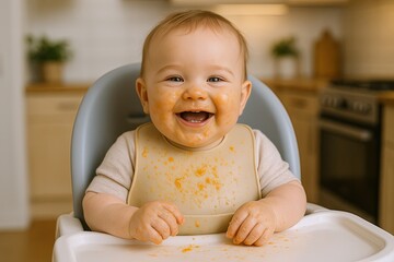 Happy smiling baby child with messy food on face sitting in high chair in kitchen.