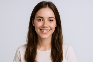 Fototapeta premium Bright cheerful young woman with long brown hair and natural makeup smiling.