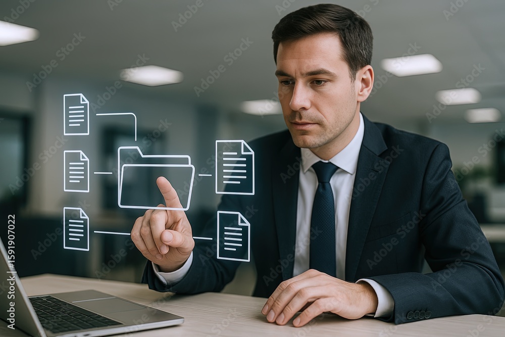 Poster modern businessman analyzing digital file management system using transparent icons.