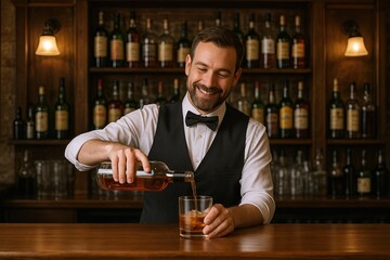 Happy bartender pouring whiskey into glass at bar with wooden shelves and Liquor bottles.
