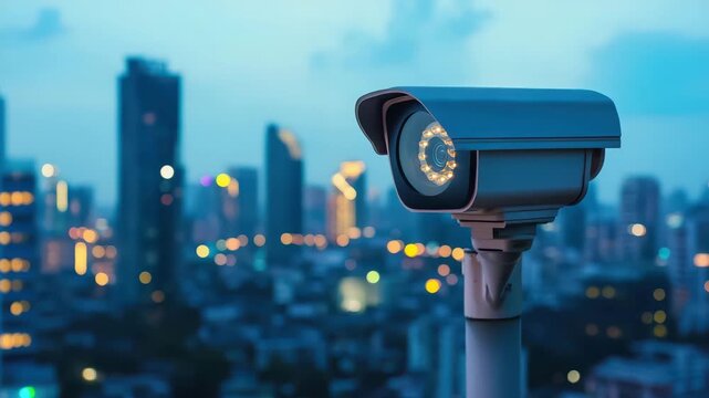 Surveillance camera mounted on a pole with blurred city buildings and lights at dusk under a cloudy sky